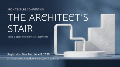 A poster for an architecture competition in tones of blue and white, with white text overlaid on the image