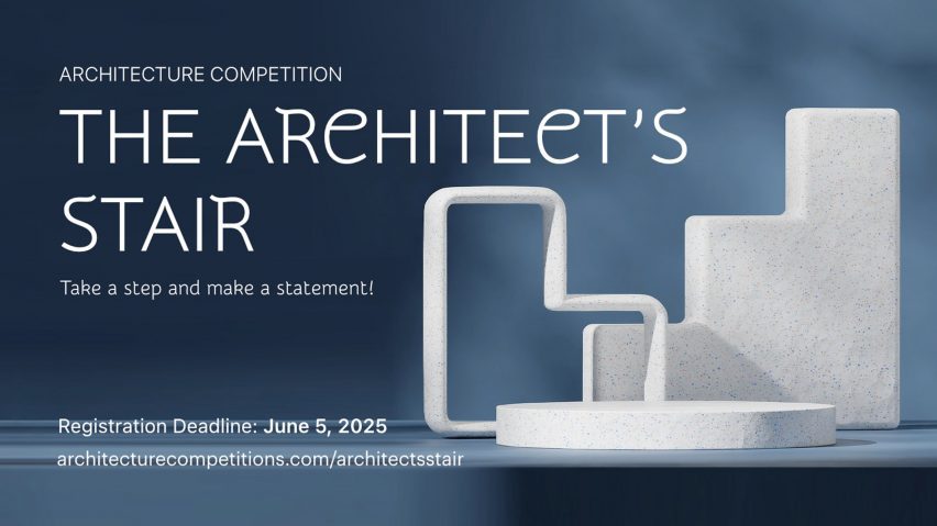 a poster for an architecture competition in tones of blue and white, with white text overlaid on the image