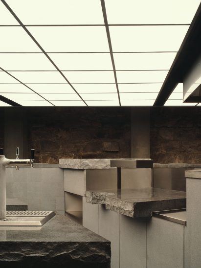 Counters and ceiling light grid in Central restaurant 