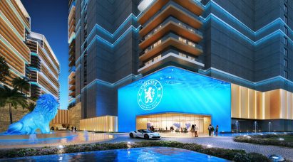 Blue entrance to Dubai Maritime City buildings by DAMAC
