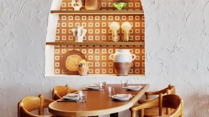 Arched niche and wooden table inside restaurant Sydney