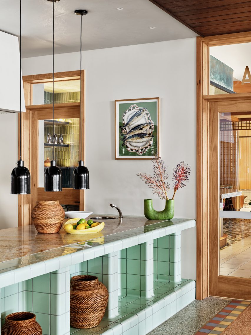 Pistachio green tiled counter in hotel restaurant