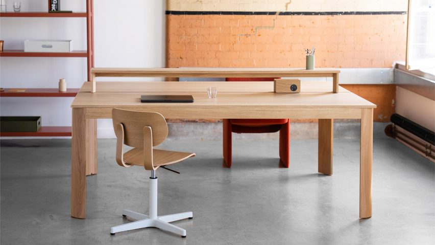 Wooden table with red chair