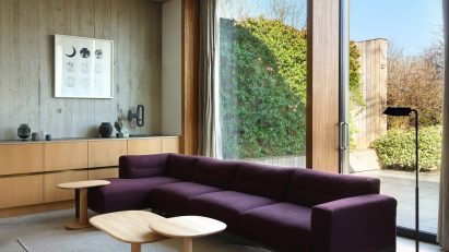 Purple sofa against window