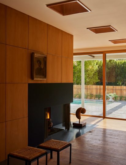 Living area with a black custom fireplace and a series of skylights 