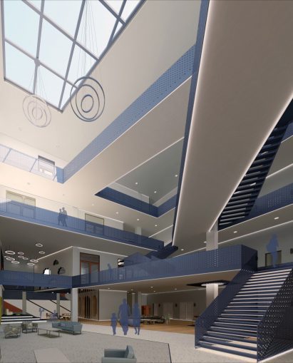 a visualisation of a rehabilitation centre in tones of blue and white