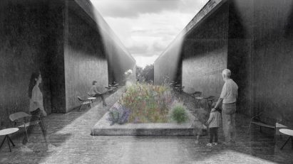 a visualisation of a garden in tones of grey