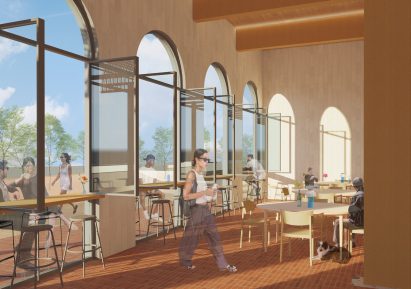a visualisation of a cafe in tones of beige
