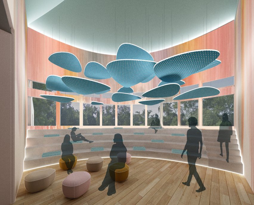 a visualisation of an art gallery in tones of blue, white and pink