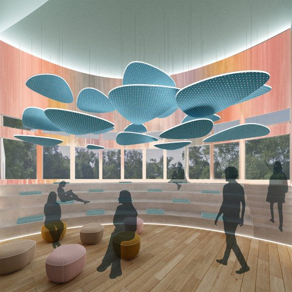 a visualisation of an art gallery in tones of pink and blue