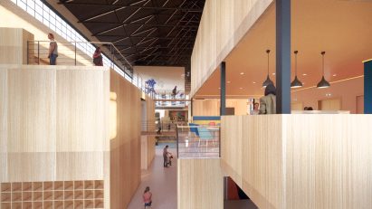 a visualisation of a library in tones of beige