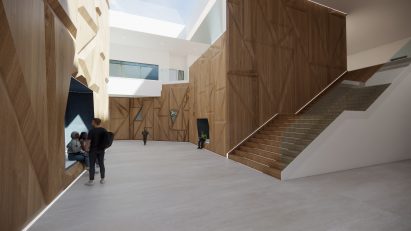 a visualisation of a youth centre in tones of white and brown