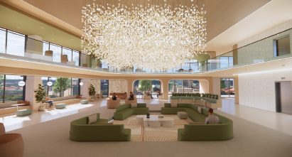 a visualisation of a medical centre in tones of beige and green