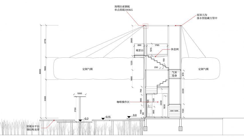 Section of cafe at the Down in the Clouds pavilions by Practice on Earth and Increments Studio