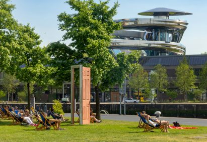 Park in Rotterdam with view of the Tornado