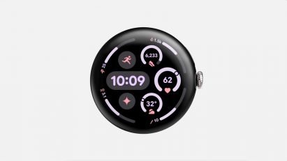 Image of an Android Wear OS watch face using a design in the Material 3 Expressive style