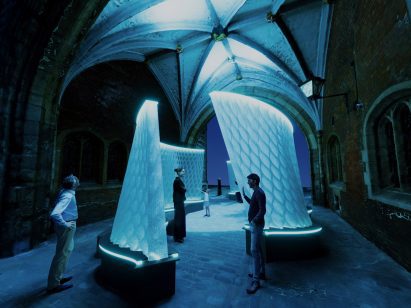 Night time view of Arthur Mamou-Mani's Harmonic Tides installation