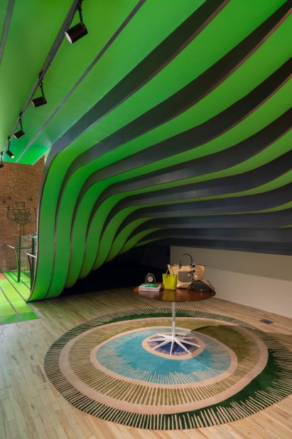 Green staircase in Longchamp store