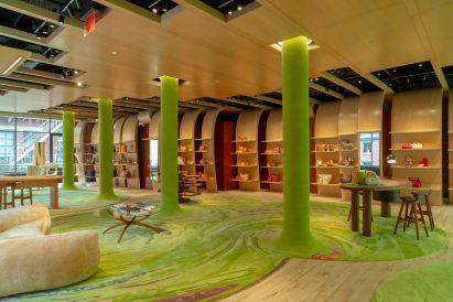 Green carpets in Longchamps showroom