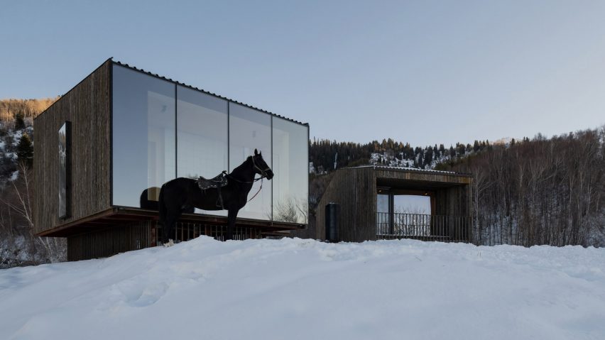 Horse outside wooden cabin