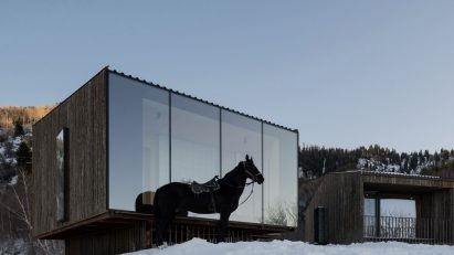 Horse outside wooden cabin