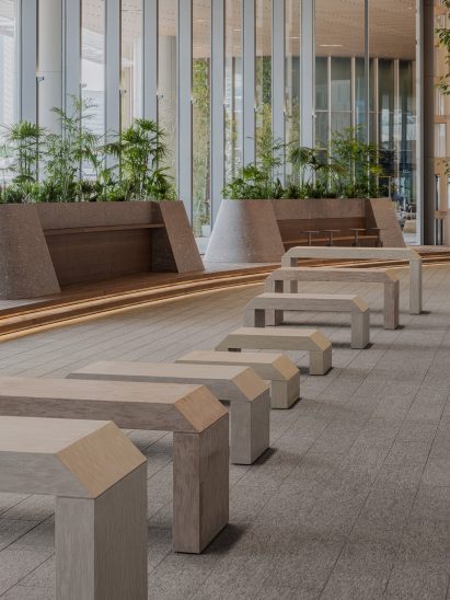 Monolithic stone benches at Tokyo cafe
