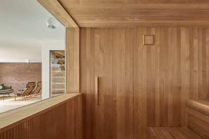 Sauna interior at Swedish house by In Praise of Shadows