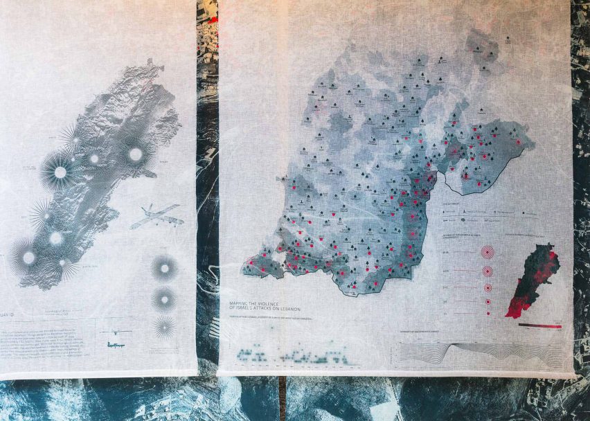 Photo of a map of southern Lebanon printed on textile showing the number of days different areas have been bombed with white phosphorous