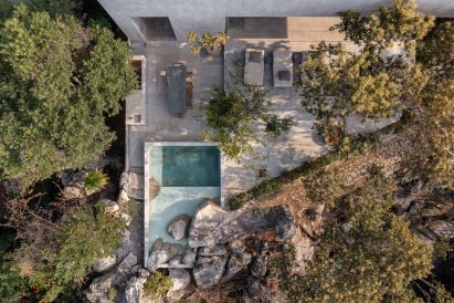Aerial view of a terrace with a small swimming pool