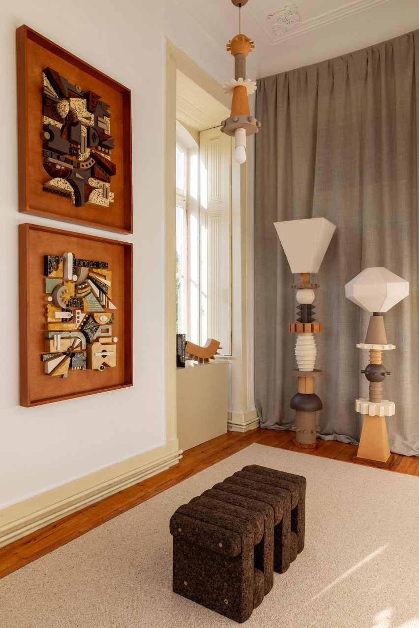 Ceramic sculptures and cork bench