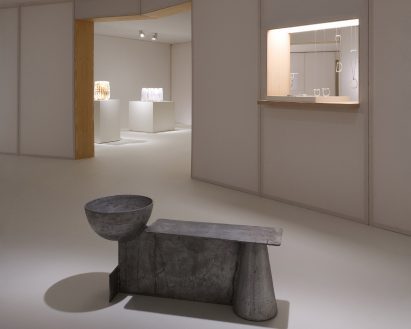 Aluminium bench with a bowl attached at Loewe Foundation Craft Prize exhibition