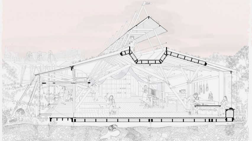 an architectural drawing in tones of black, white and pink