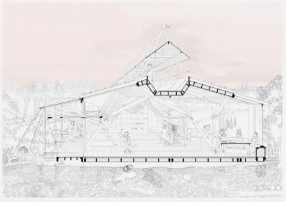 an architectural drawing in tones of black, white and pink