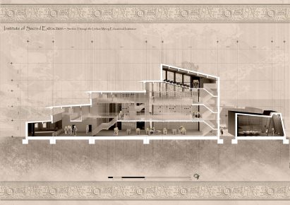 a visualisation of an architectural design in tones of brown, white and black
