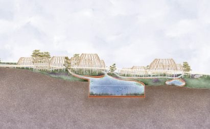 a visualisation of an agriculture system, consisting of wooden structures and a diagram showing water underground