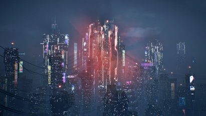 a visualisation of a city skyline in tones of red and blue