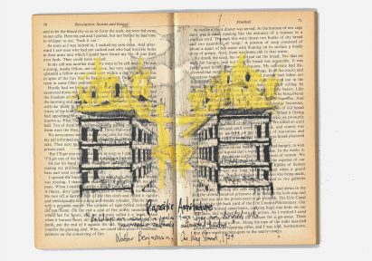 a photograph of a book with an illustration in tones of blue and yellow on it and black text on its pages