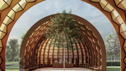 Render of the interior arched structure of Marina Tabassum's 2025 Serpentine Pavilion