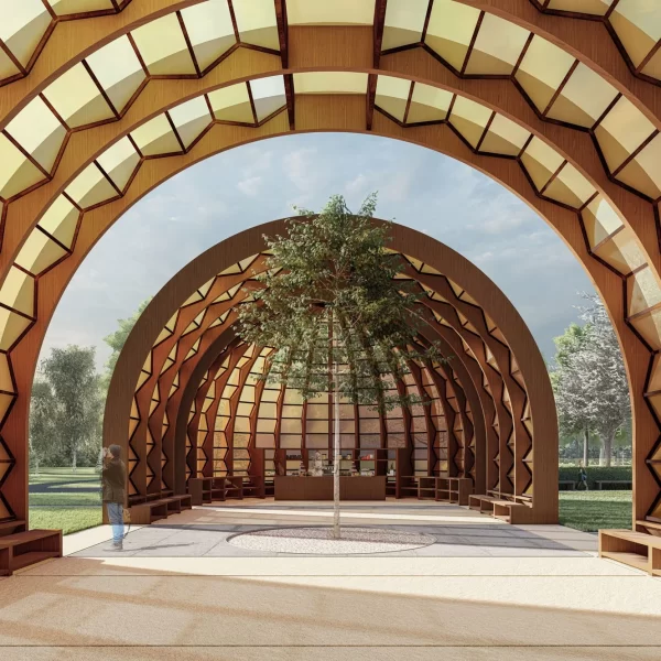 Render of the interior arched structure of Marina Tabassum's 2025 Serpentine Pavilion