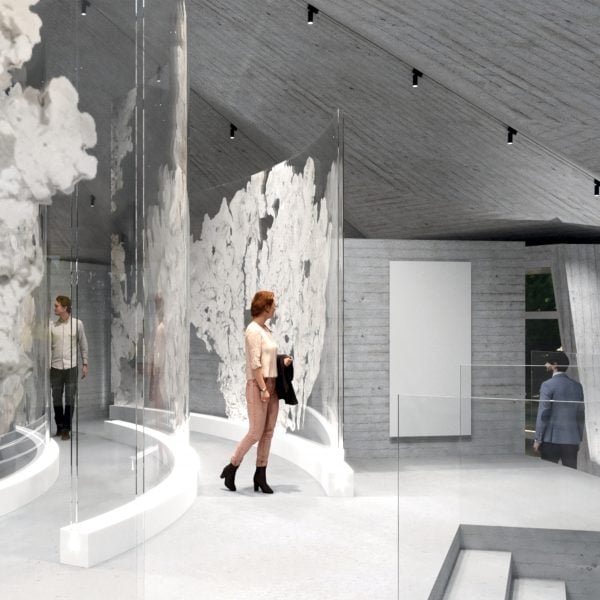a visualisation of a person in a room in tones of grey and white