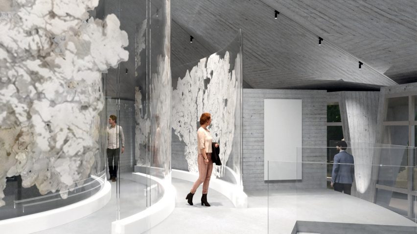a render of a white interior space with a person in it