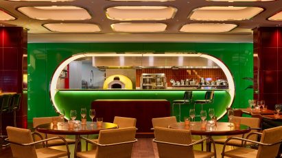 Restaurant with green and red interior