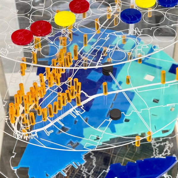 a digital diagram of an urban design proposal in tones of blue, orange, red, yellow and grey