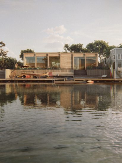 Visualisation showing a house on the edge of a body of water
