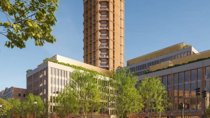 Tower clad in brown brick