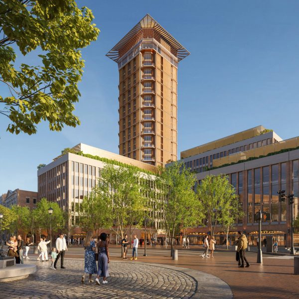 Tower clad in brown brick