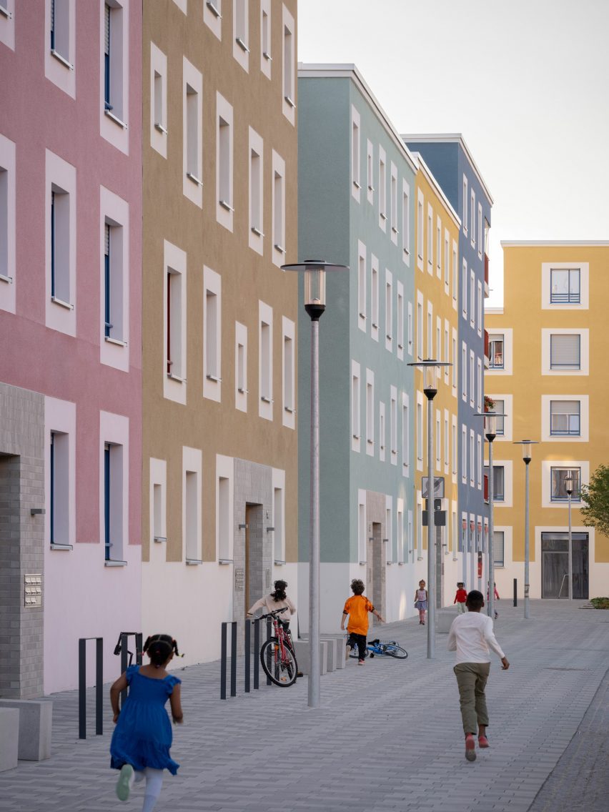 Apartment blocks in various pastel colours