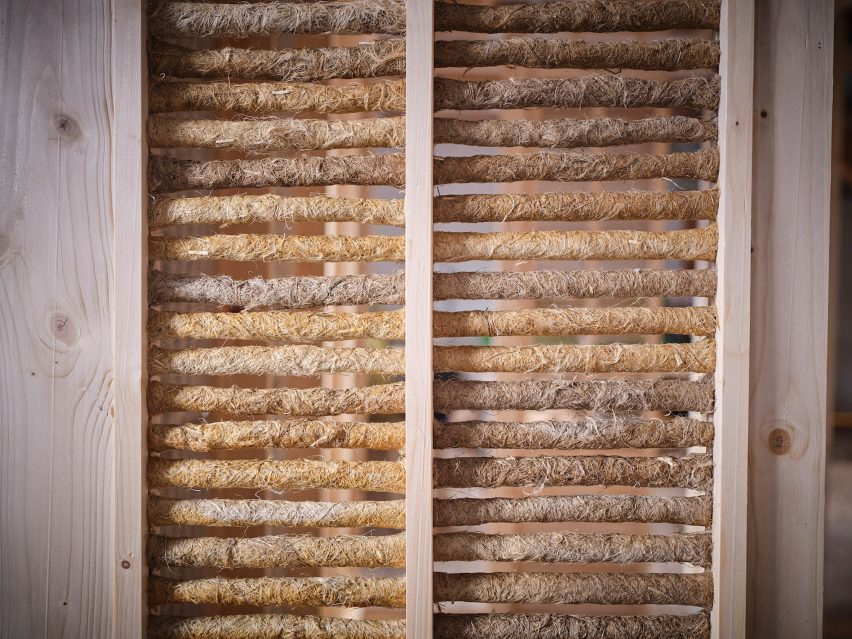Hemp fibre walls of Rooted Potential pavilion by Sara Martinsen