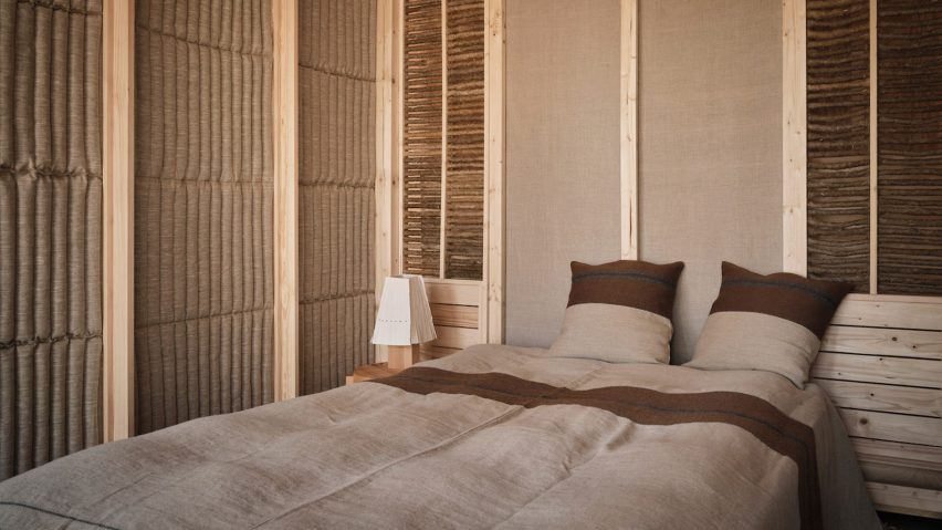 Linen bedding in Rooted Potential pavilion by Sara Martinsen