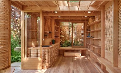 Kitchen in wood-and-mycelium pavilion
